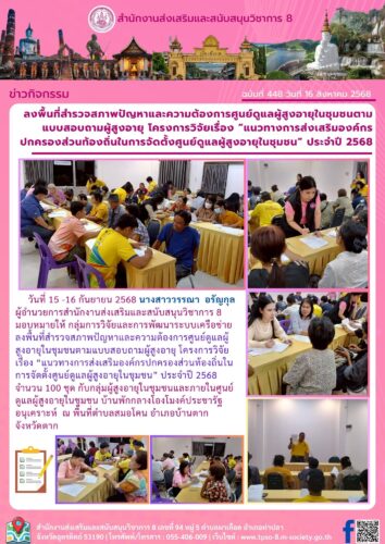 ลงพื้นที่สำรวจสภาพปัญหาและความต้องการศูนย์ดูแลผู้สูงอายุในชุมชนตามแบบสอบถามผู้สูงอายุ โครงการวิจัยเรื่อง “แนวทางการส่งเสริมองค์กรปกครองส่วนท้องถิ่นในการจัดตั้งศูนย์ดูแลผู้สูงอายุในชุมชน” ประจำปี 2568