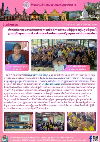 ดำเนินกิจกรรมการพัฒนาบริการสวัสดิการสังคมแก่ผู้สูงอายุในศูนย์ดูแลผู้สูงอายุในชุมชน ณ บ้านพักกลางโองโมงประชารัฐอนุเคราะห์ตำบลสมอโคน